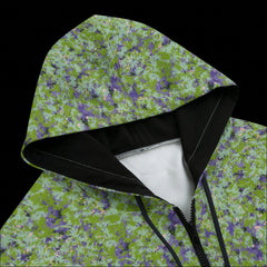 Top front of black zipper camouflage pattern hoodie on a black background