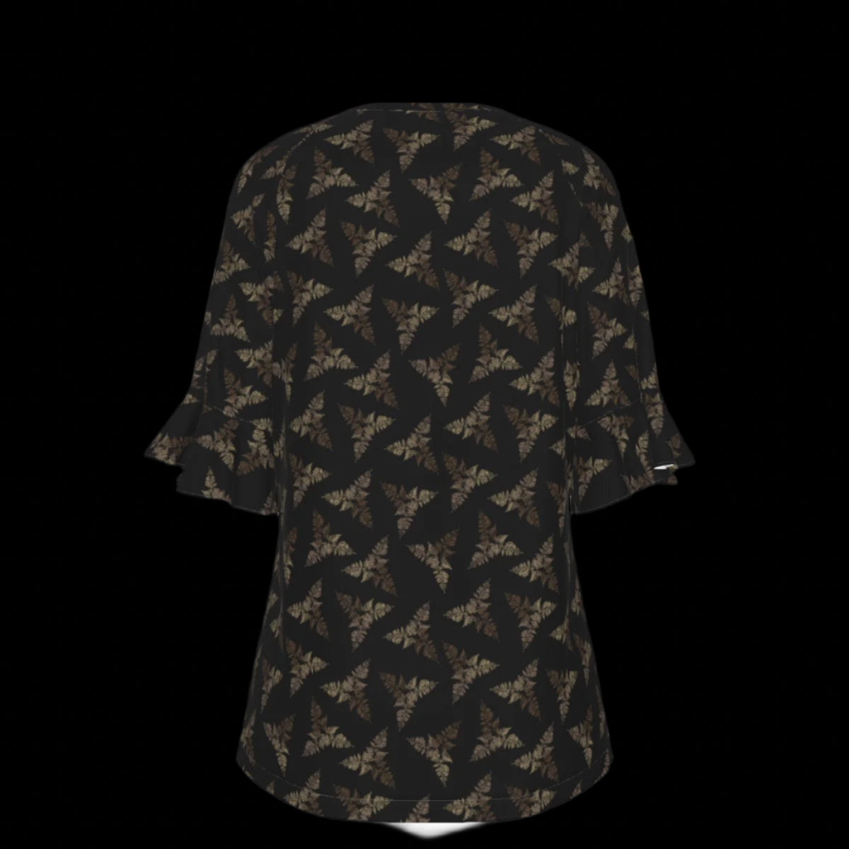 Back of black floral patterned blouse on a black background