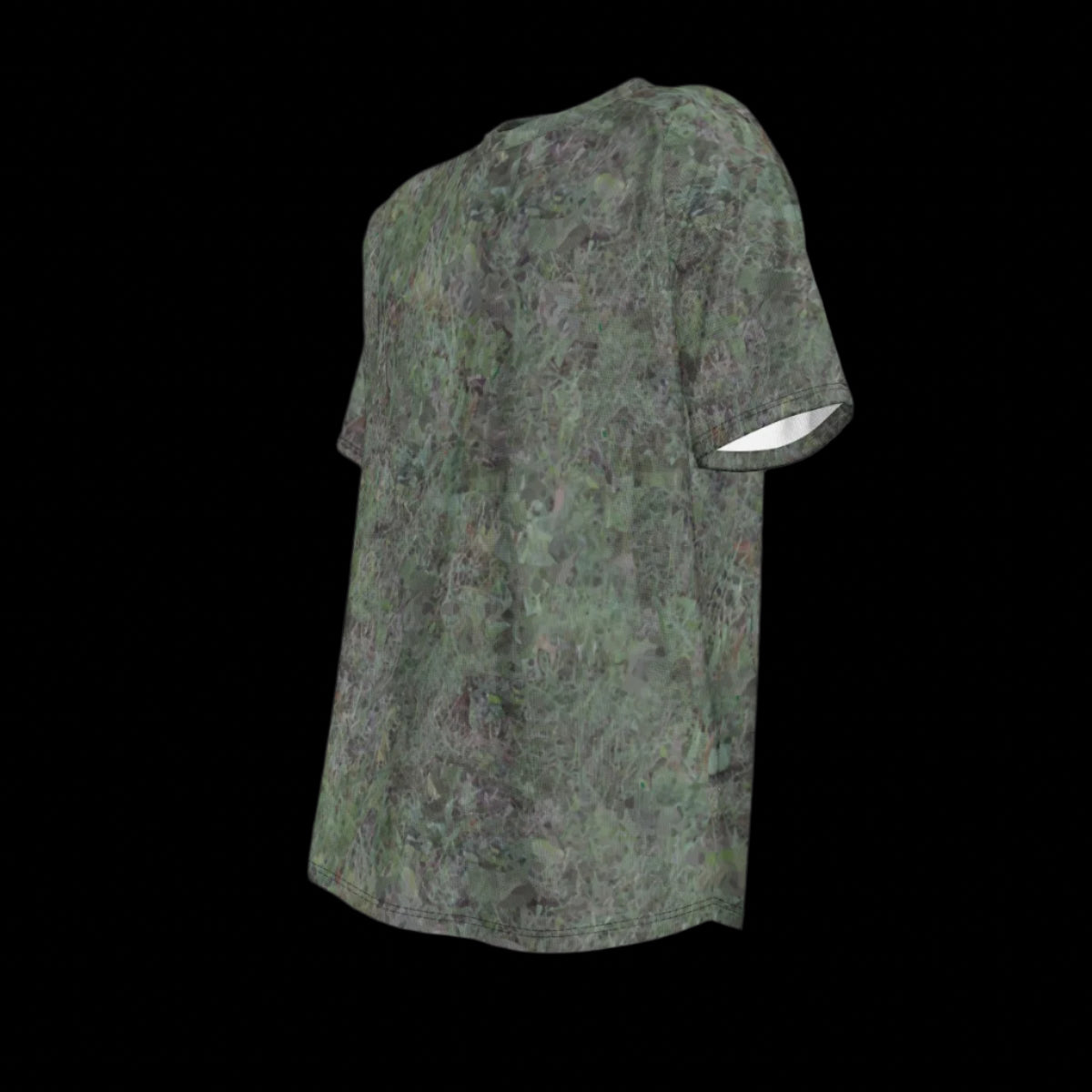 Left side of camouflage-patterned shirt on a black background