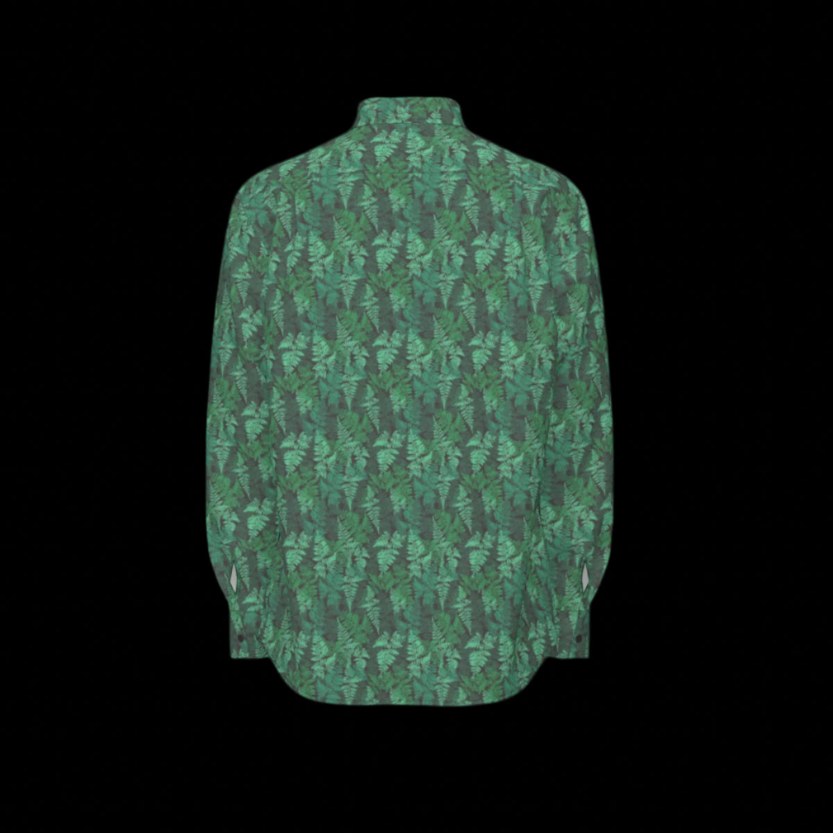 Back of a green camouflage-patterned long sleeve shirt on a black background