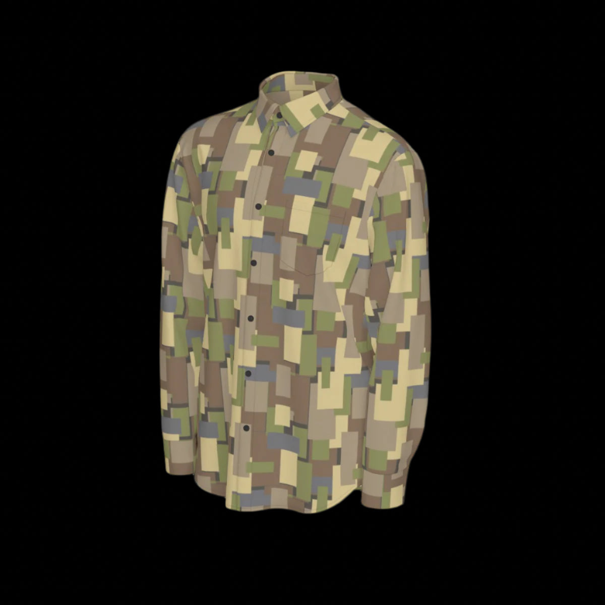 Left side of a camouflage-patterned long sleeve shirt on a black background