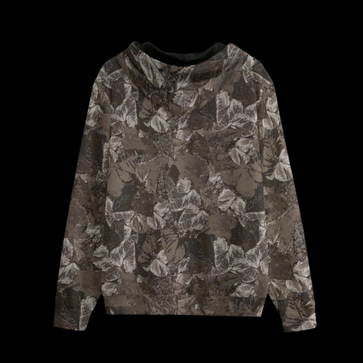 Back of camouflage-patterned hoodie on a black background