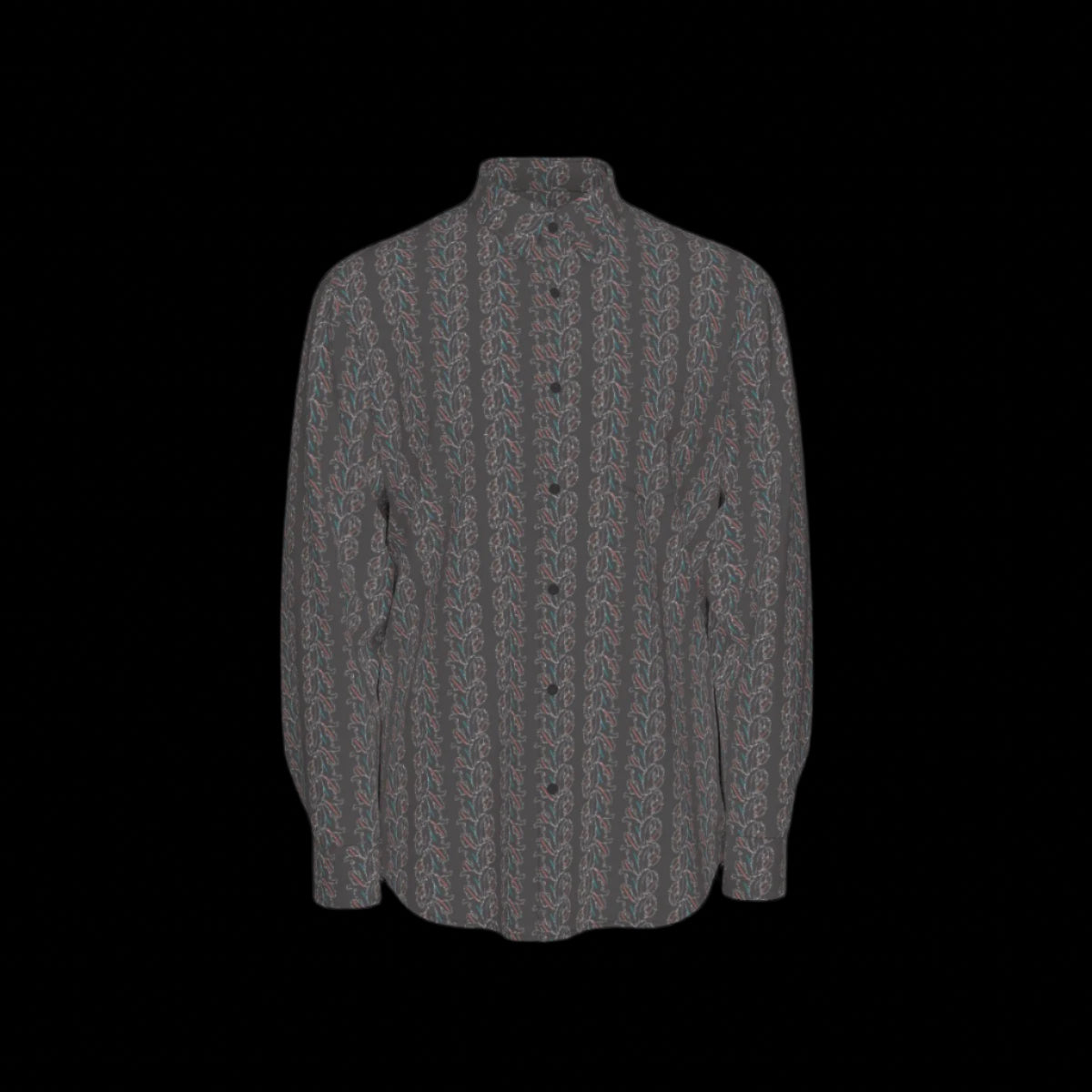 Front of a gray patterned short sleeve shirt on a black background