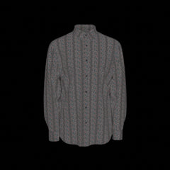 Front of a gray patterned short sleeve shirt on a black background