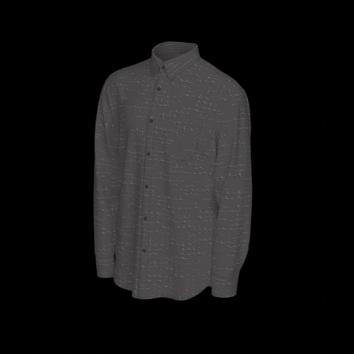 Left side of a dark gray patterned long sleeve shirt on a black background