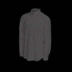 Left side of a dark gray patterned long sleeve shirt on a black background