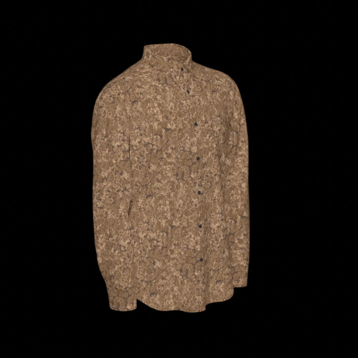 Right side of brown patterned long sleeve shirt on a black background