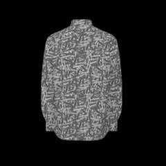 Back of a patterned long sleeve shirt on a black background