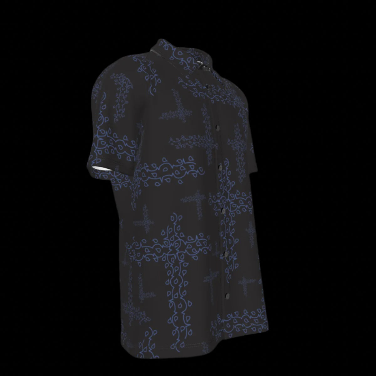 Right side of black shirt with blue intricate patterns on a black background