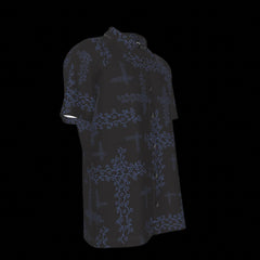 Right side of black shirt with blue intricate patterns on a black background