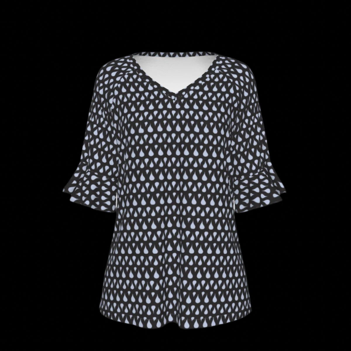 Front of green leaf patterned blouse on a black background