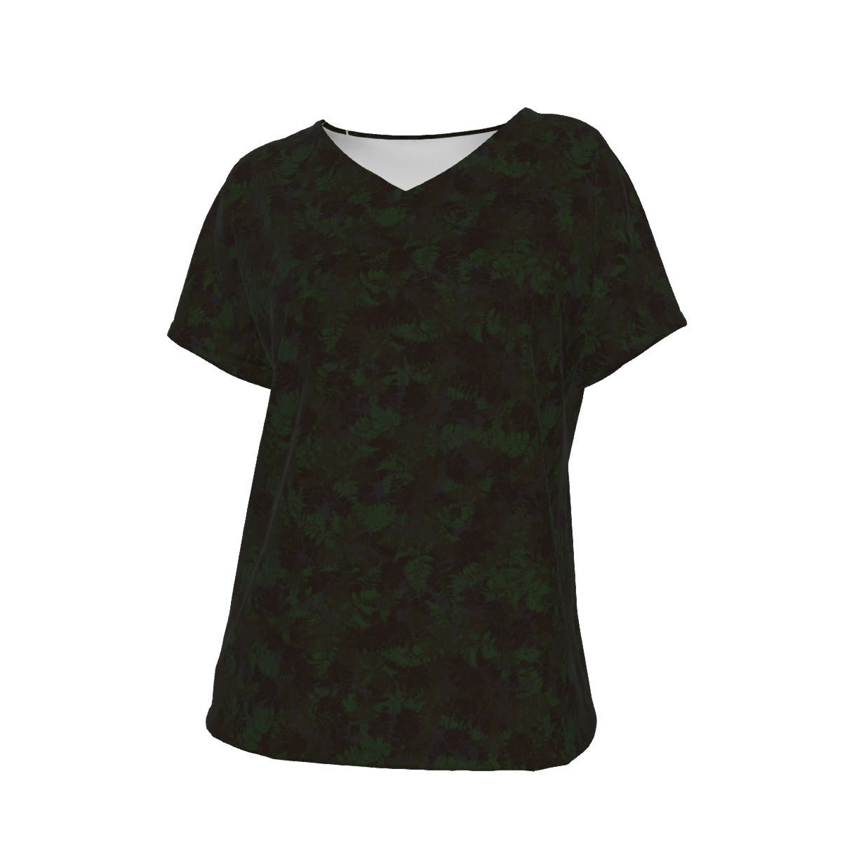 Women's V-Neck Short Sleeve T-shirt / Dark Green Fern Design