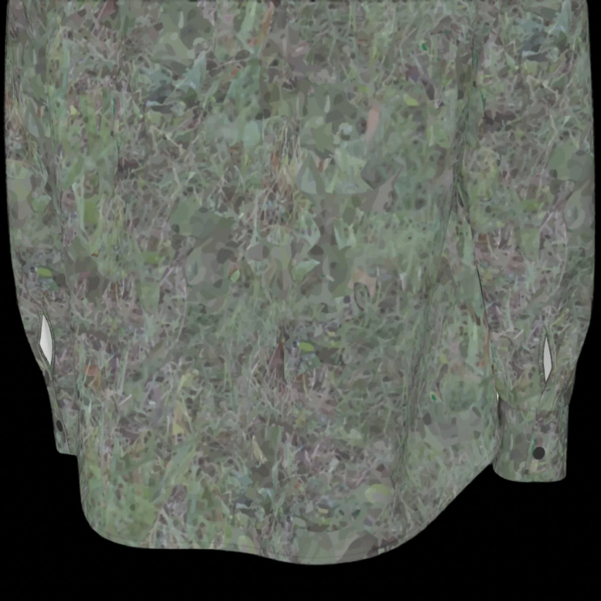 Bottom back of green patterned long sleeve shirt on a black background
