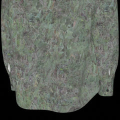 Bottom back of green patterned long sleeve shirt on a black background