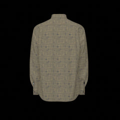 Back of a green patterned long sleeve shirt on a black background