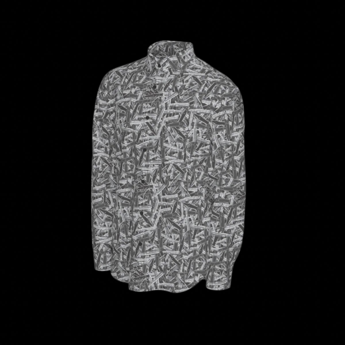 Left side of a patterned long sleeve shirt on a black background