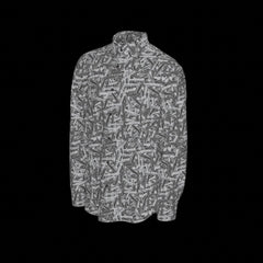 Left side of a patterned long sleeve shirt on a black background