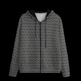Front of a patterned hoodie on a black background