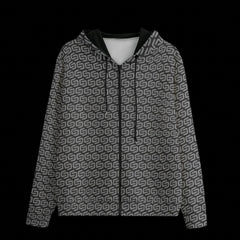 Front of a patterned hoodie on a black background
