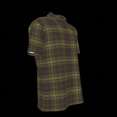 Right side of green and brown plaid shirt on a black background