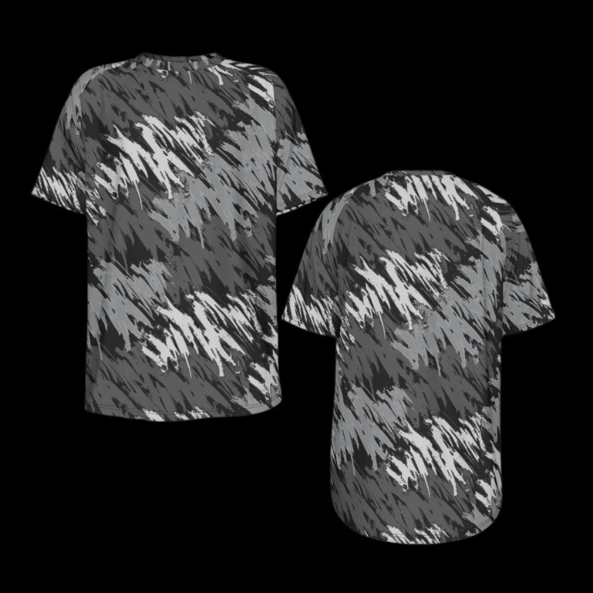 Front and back of black and gray patterned t-shirt on a black background