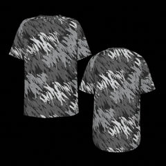 Front and back of black and gray patterned t-shirt on a black background