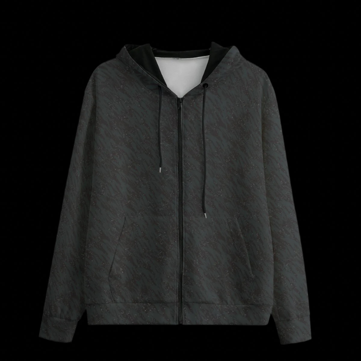 Front of a textured gray black zipper hoodie on a black background