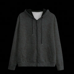 Front of a textured gray black zipper hoodie on a black background