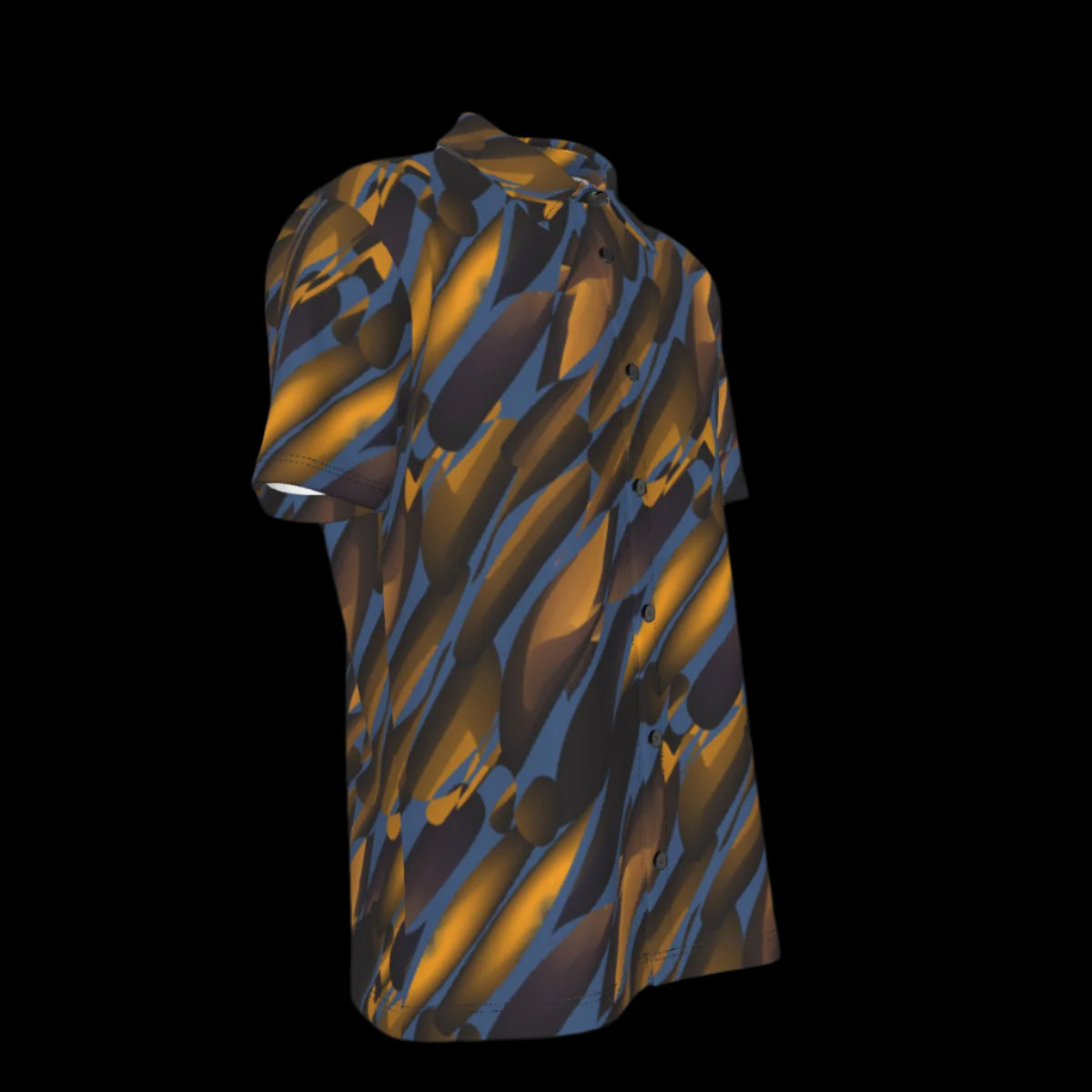 Right side of short-sleeve shirt with a black and orange abstract pattern on a black background