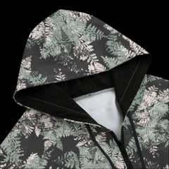 Front top of hoodie with floral pattern on a black background