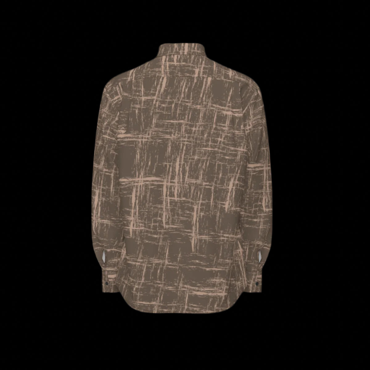 Back of brown patterned shirt shown from front and back on a black background