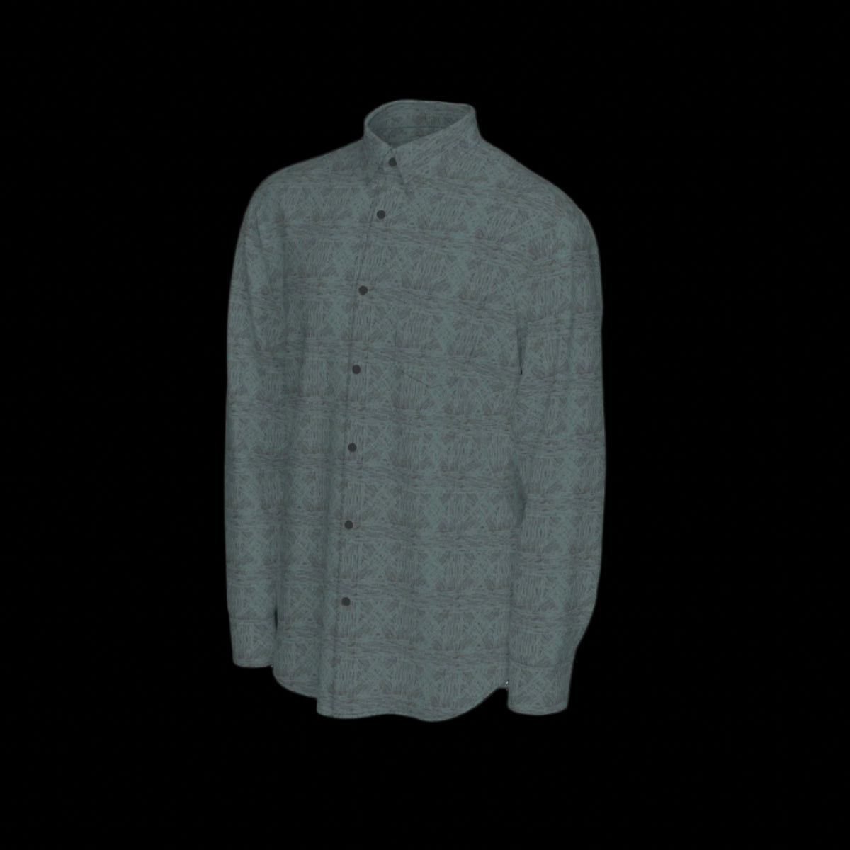 Left side of a green textured long sleeve shirt on a black background