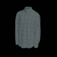 Left side of a green textured long sleeve shirt on a black background