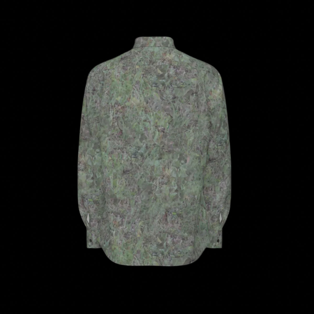 Back of green patterned long sleeve shirt on a black background