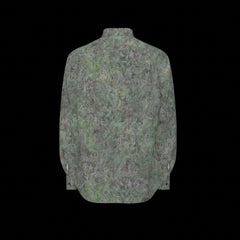 Back of green patterned long sleeve shirt on a black background