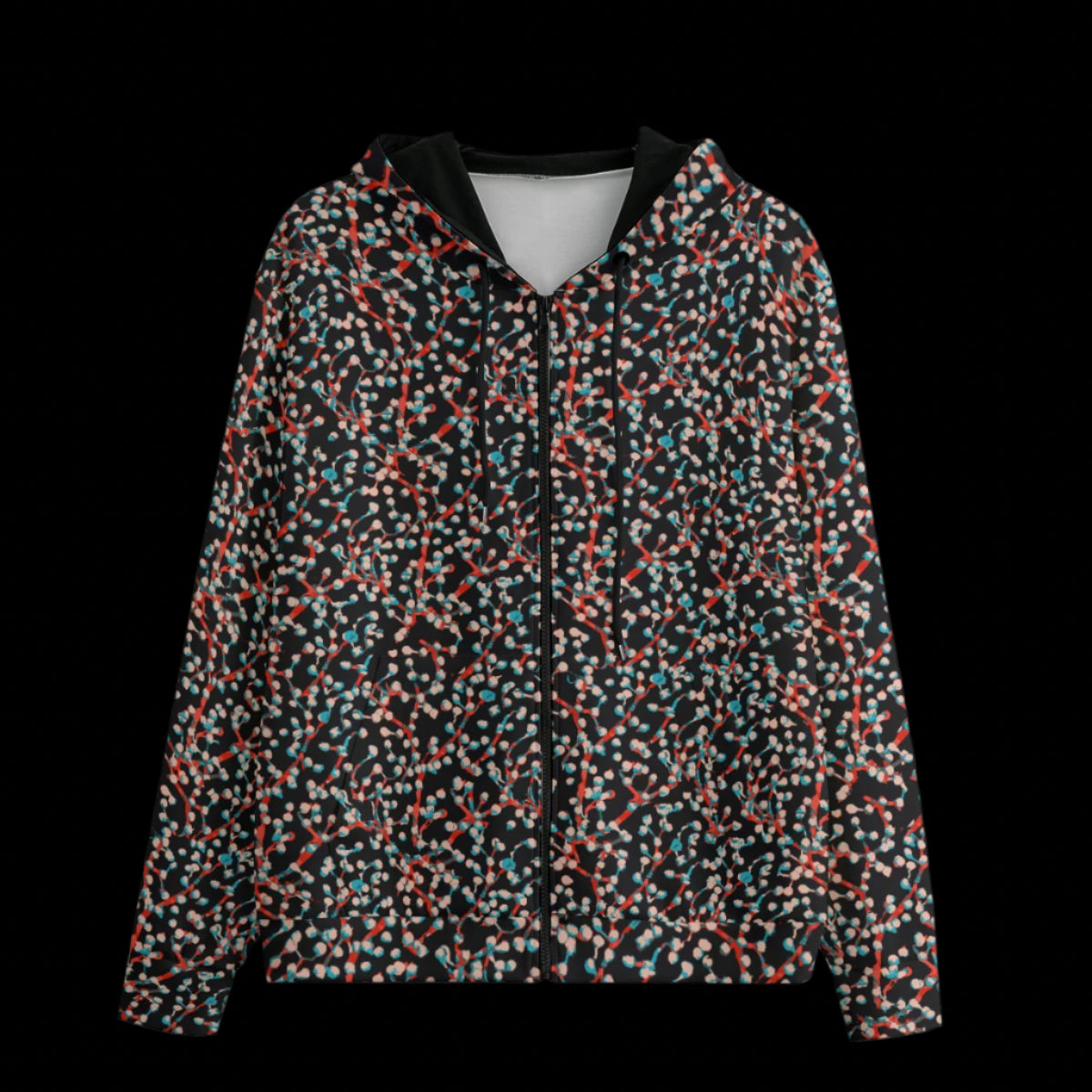 Front of Hoodie with a colorful abstract pattern on a black background