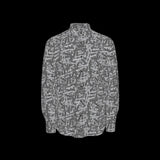 Front of a patterned long sleeve shirt on a black background