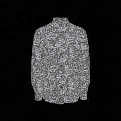 Front of a patterned long sleeve shirt on a black background