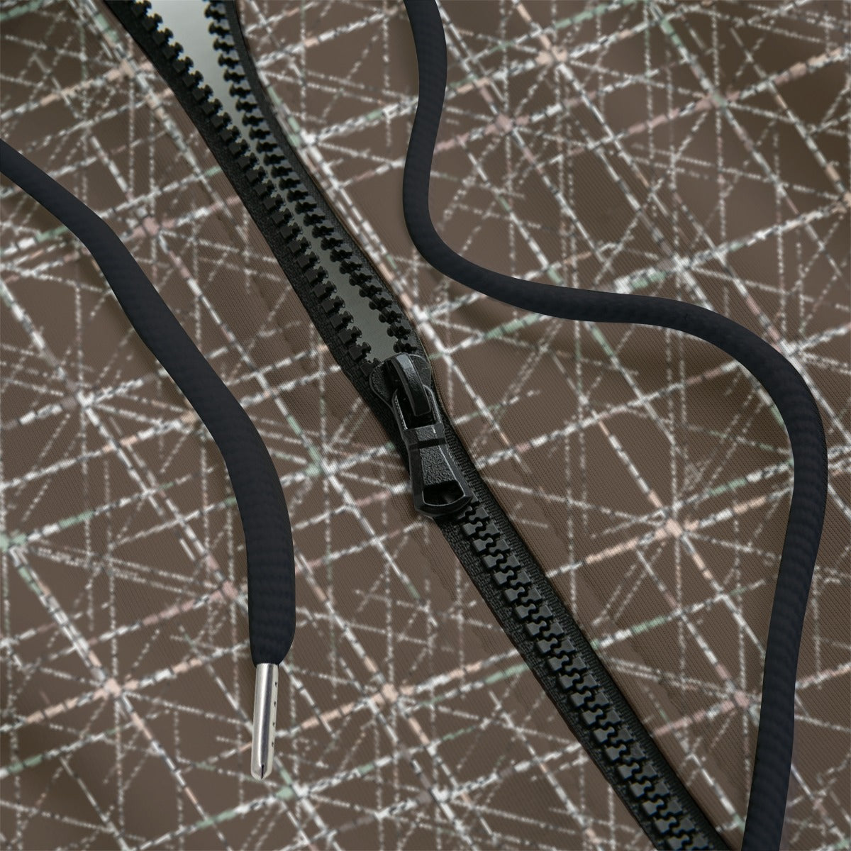Front detail of hoodie with a geometric pattern