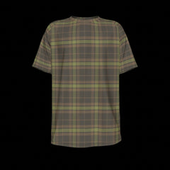 Front of green and brown plaid t-shirt on a black background