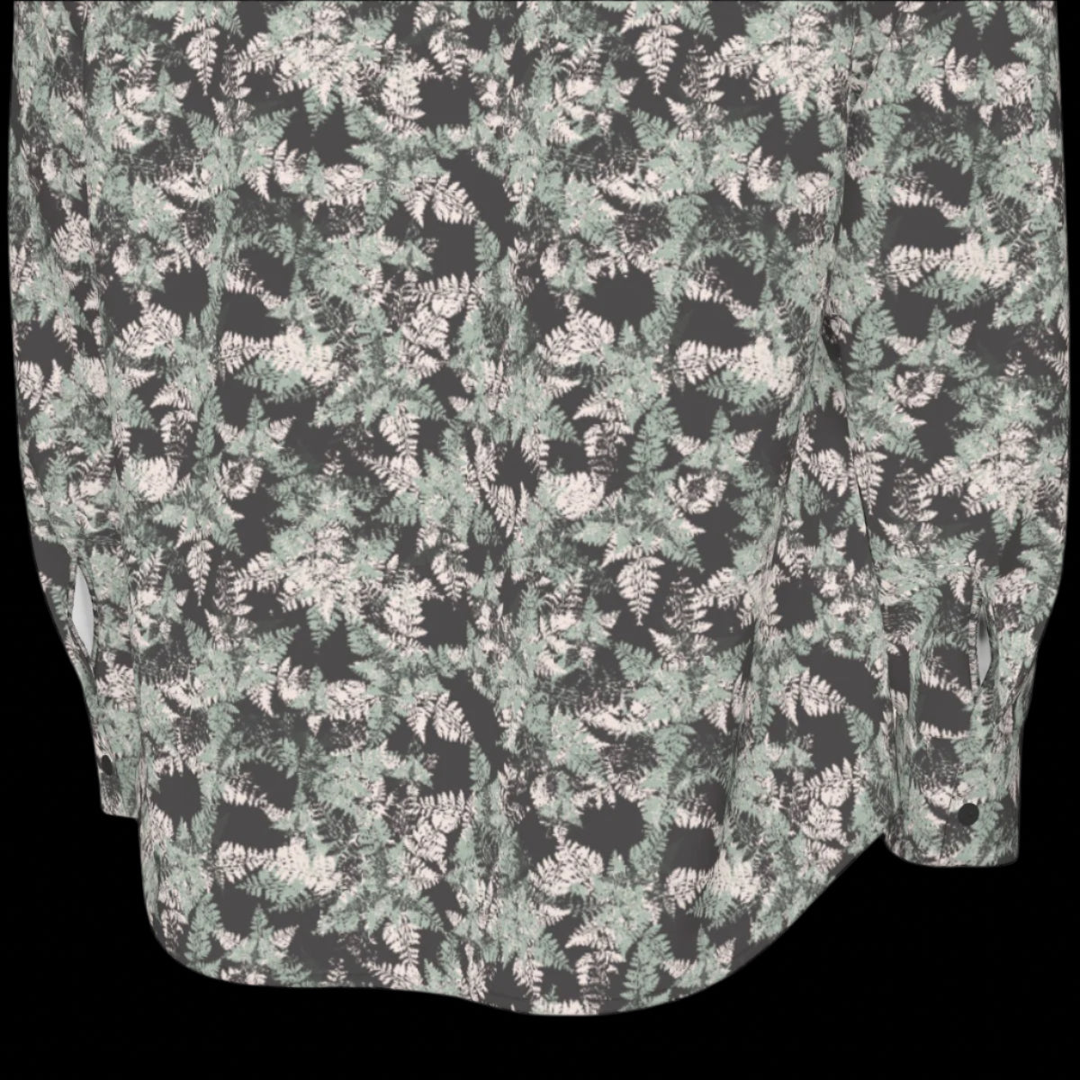 Back bottom of floral patterned long sleeve shirt on a black background