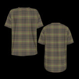 Front and back of green and brown plaid t-shirt on a black background