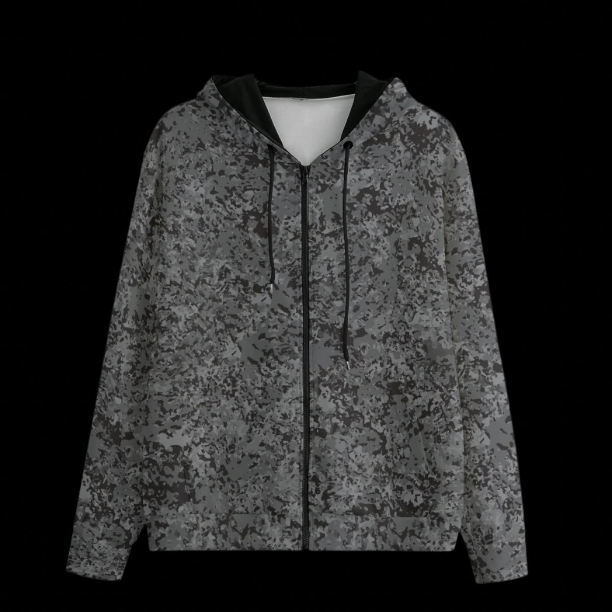 Front of gray camouflage hoodie on a black background
