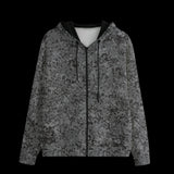 Front of gray camouflage hoodie on a black background
