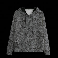 Front of gray camouflage hoodie on a black background