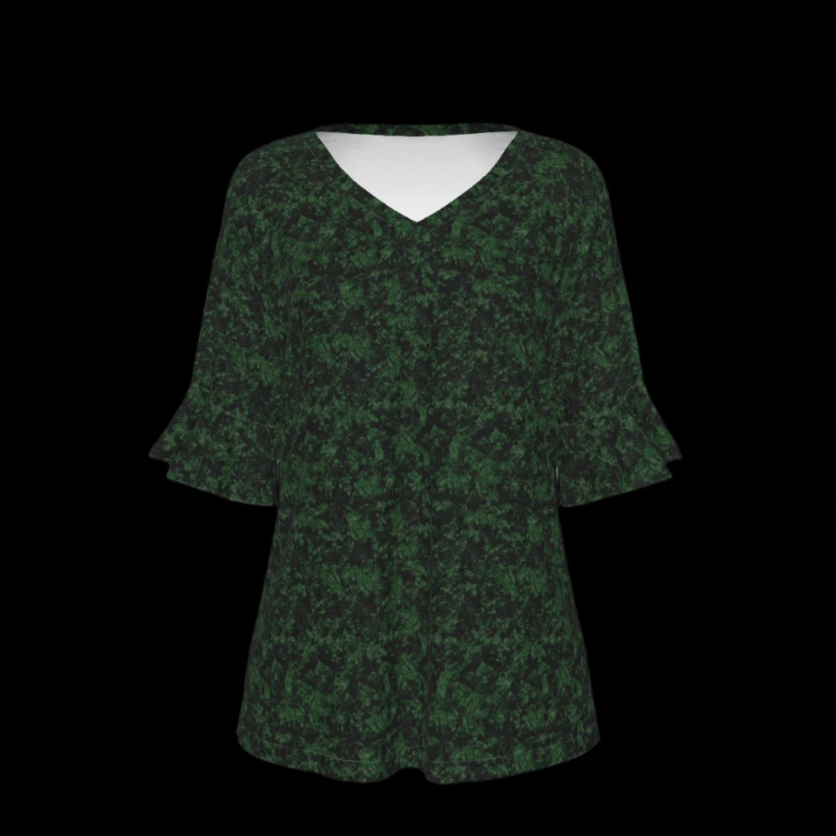 Front of green patterned blouse on a black background