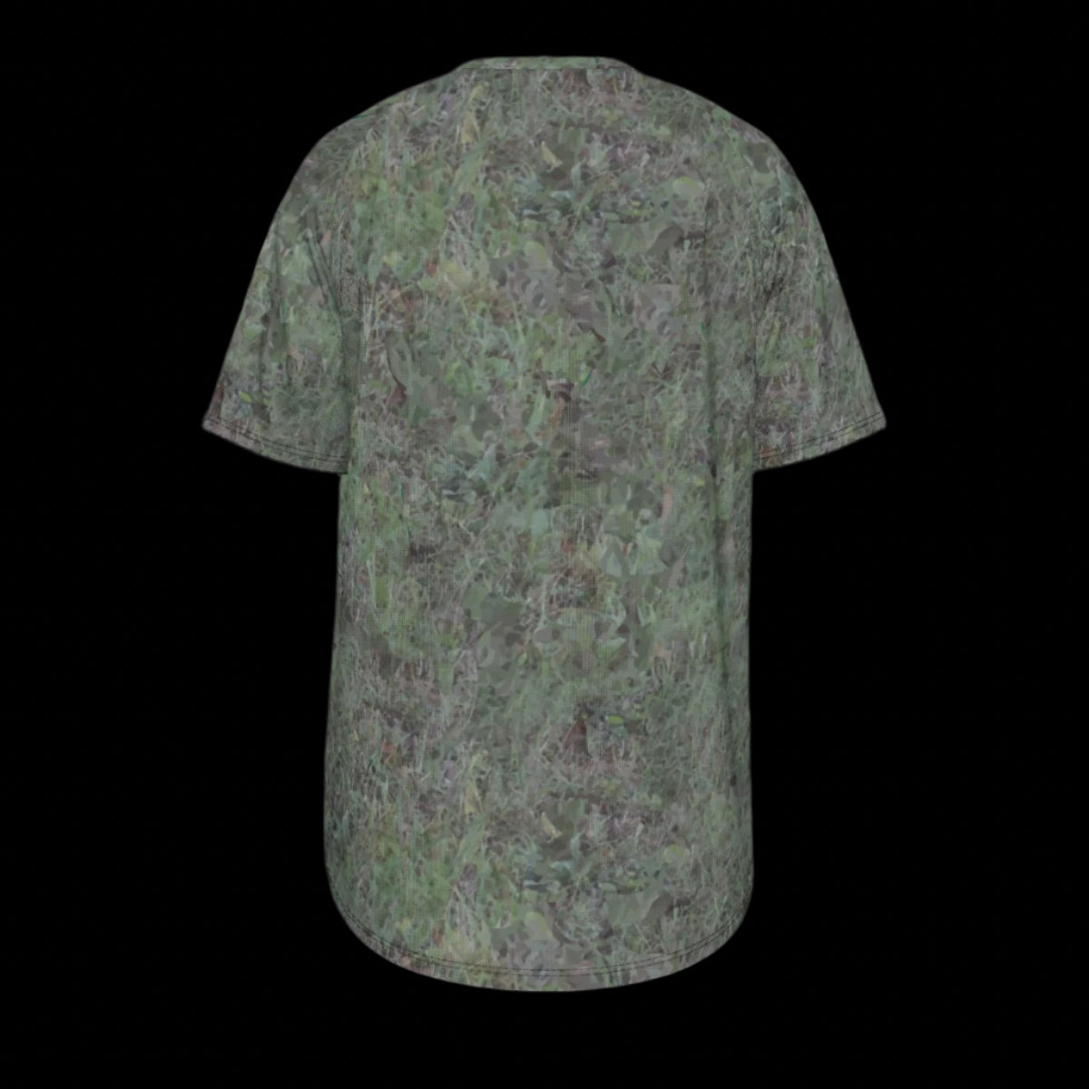Back of camouflage-patterned shirt on a black background