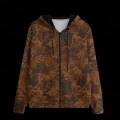 Front of a black zipper camouflage-patterned hoodie on a black background
