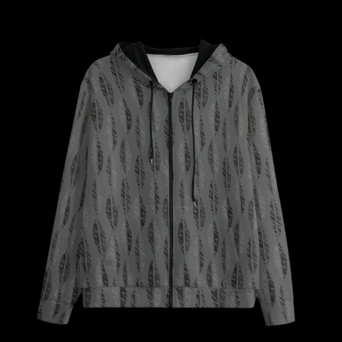 Front of a gray patterned hoodie with black accents on a black background