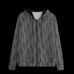 Front of a gray patterned hoodie with black accents on a black background